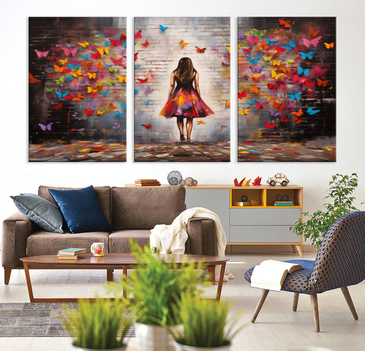 A vibrant artwork titled "Graffiti Wall Art Canvas Print Girl Butterfly Graffiti Abstract Canvas Print" is displayed above the couch. This gallery-wrapped masterpiece, printed on museum-quality canvas, features a UV-protective coating to preserve its vivid beauty.