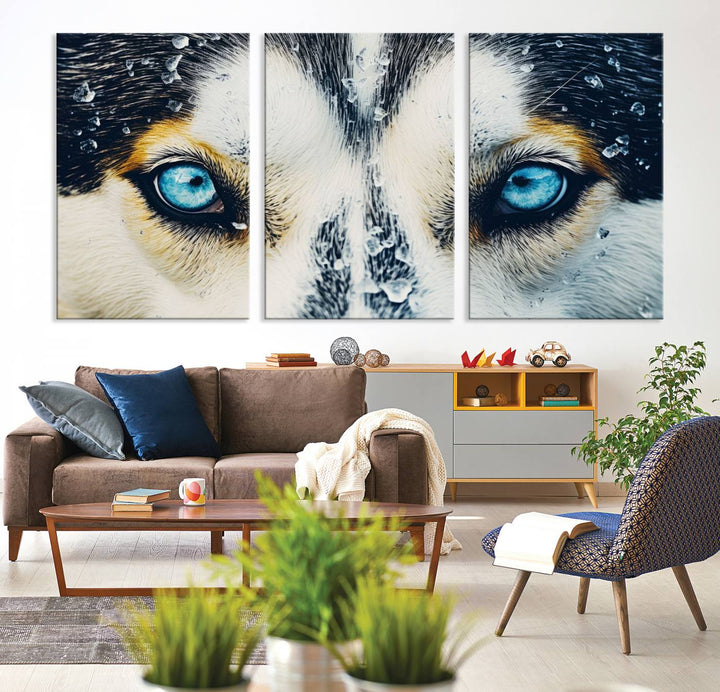 The captivating "Winter Siberian Husky Wolf EYE Wall Art Canvas Print" showcases the striking blue eyes of the animal portrait.