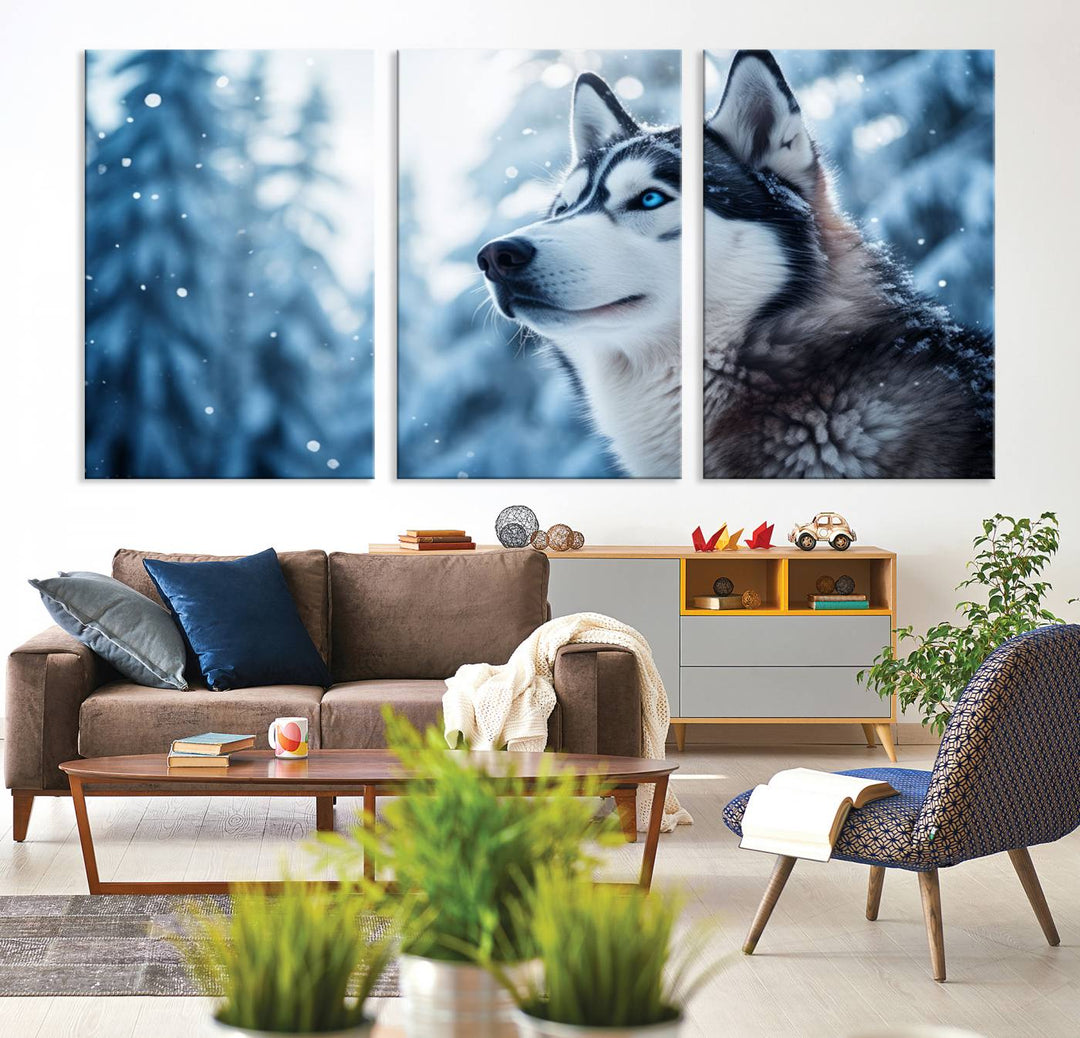 The "Winter Siberian Husky Wolf Wall Art Canvas Print" is elegantly displayed, enhancing the room's cozy ambiance in a snowy forest setting.