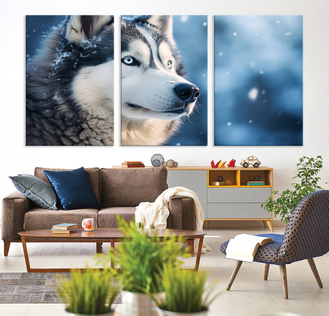 The space above the sofa features the Winter Siberian Husky Wolf Wall Art Canvas Print, creating a stunning snowy scene.