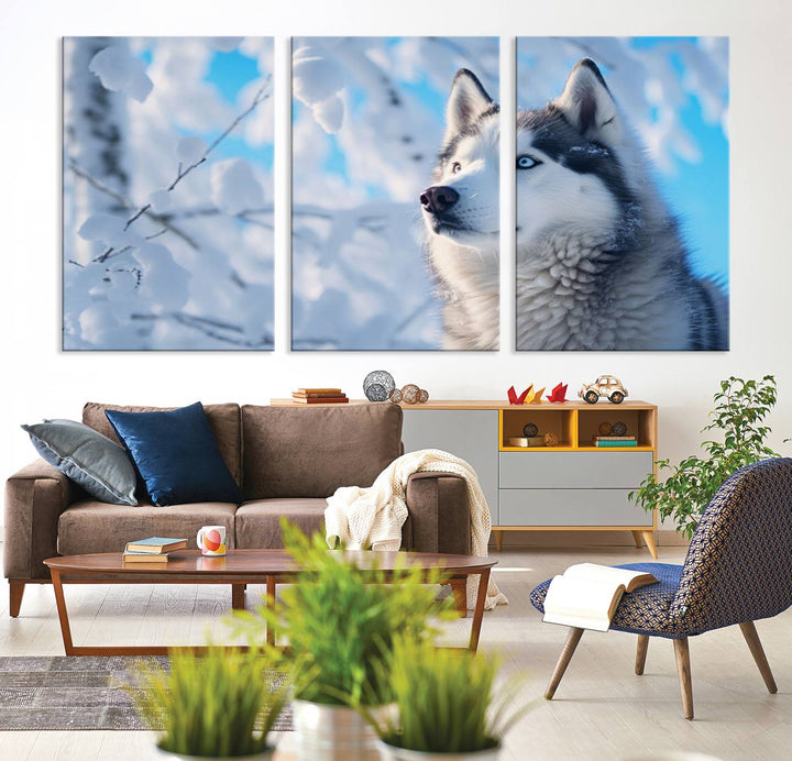 The Siberian Husky Art Canvas elegantly enhances the room.