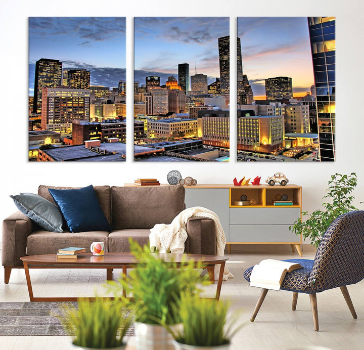 The modern living room features the Houston Wall Art Canvas Print on the wall. This professional craftsman framed masterpiece depicts a cityscape and is created with museum-quality polycotton canvas, ensuring a polished look that enhances its elegant charm.