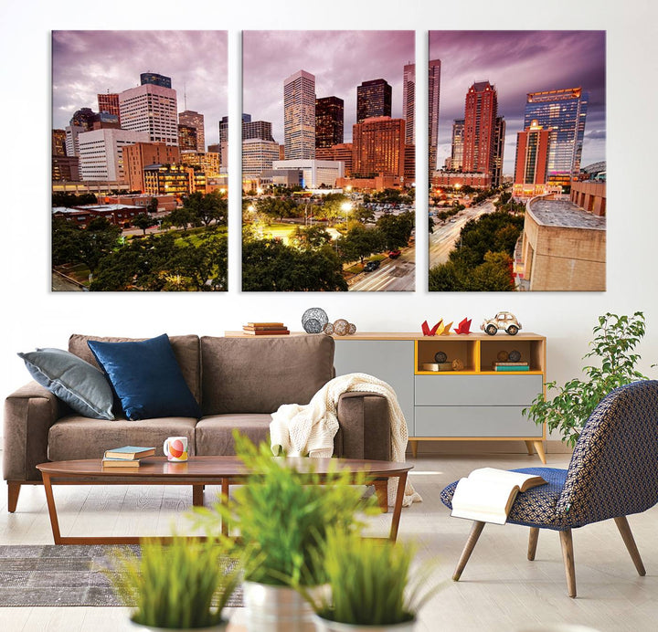 The Houston Wall Art Canvas Print in the living room displays a vibrant city skyline at twilight on museum-quality canvas with UV-protective coating.