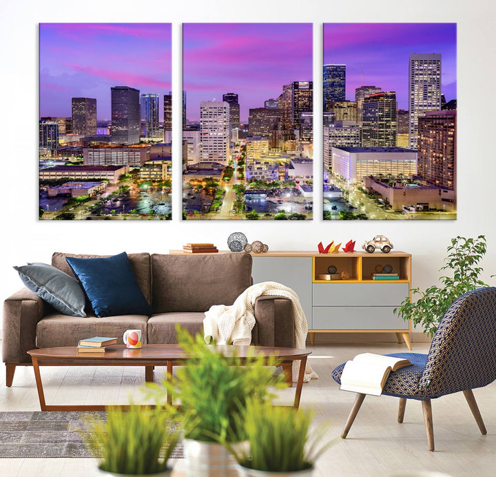 Houston Wall Art Canvas Print showcasing a vibrant cityscape at dusk on museum-quality canvas, expertly crafted by professional craftsmen.