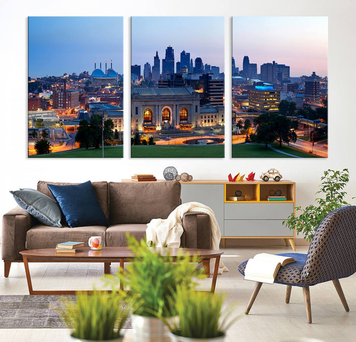 The Kansas City Skyline Canvas Wall Art Print hangs above, showcasing an iconic dusk cityscape with a historic building in the foreground, exuding urban sophistication.