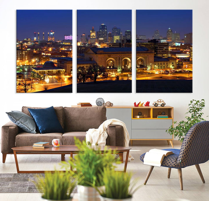 The Kansas City Night Canvas Print Wall Art creates a scene as captivating as museum-quality art, showcasing a city skyline at night with illuminated buildings.