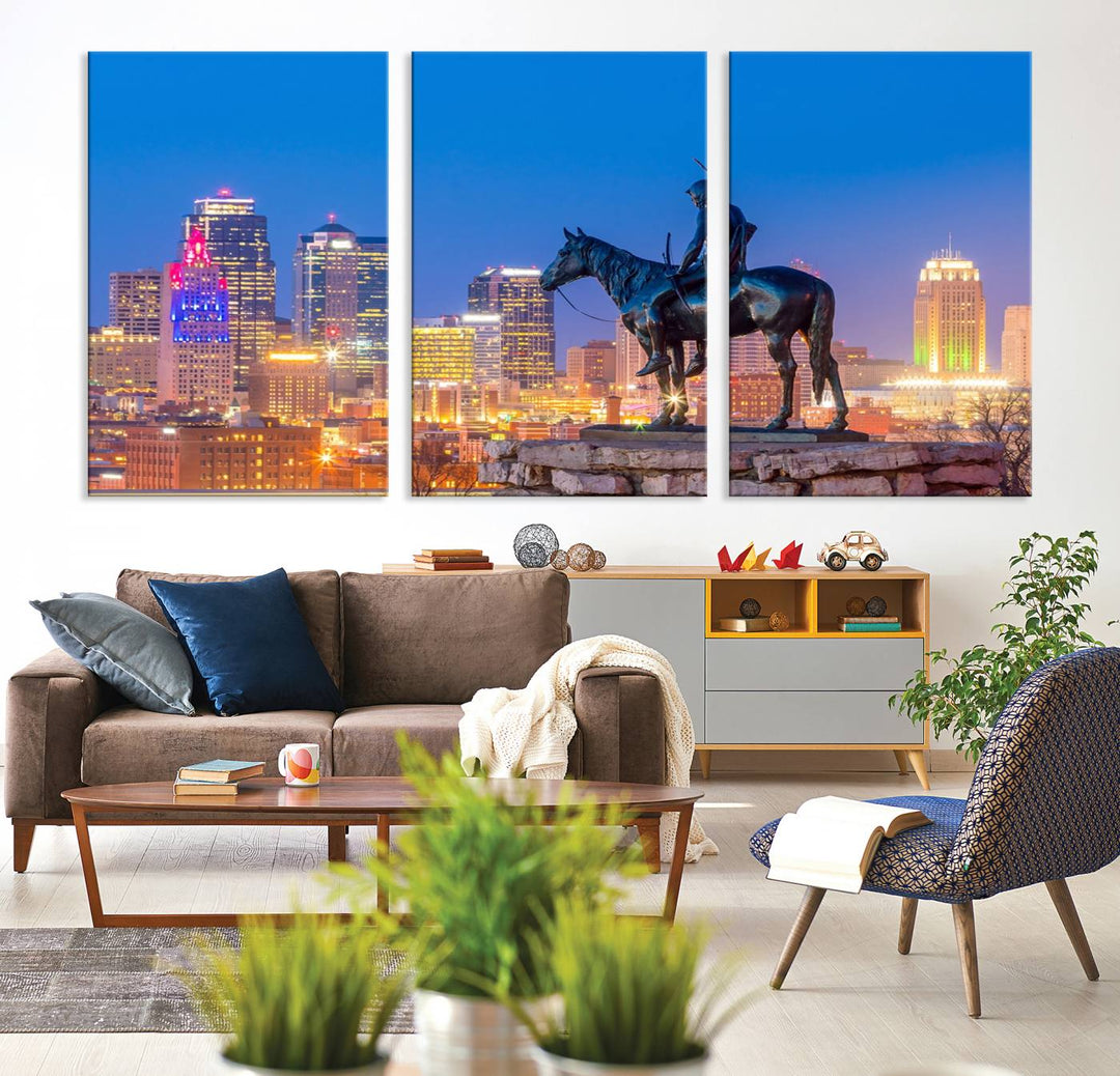 A large Kansas City Night Canvas Print Wall Art adorns the wall, gallery wrapped and finished with a UV-protective coating for lasting vibrancy.