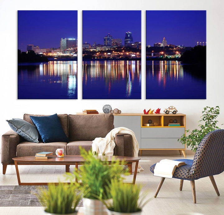 The Kansas City Night Canvas Print Wall Art captures the shimmering city skyline on the calm water, where every detail resembles a museum-quality polycotton masterpiece.