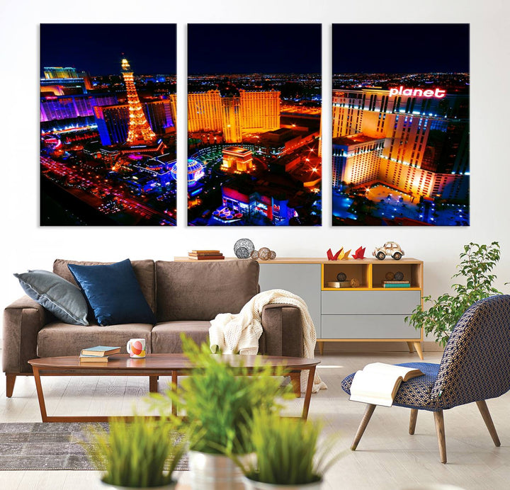 Las Vegas Wall Art Canvas Print showcases a dynamic and luminous cityscape at night with tall buildings and bustling streets. Expertly printed on museum-quality canvas, this gallery-wrapped artwork is enhanced with a UV-protective coating to ensure lasting brilliance.