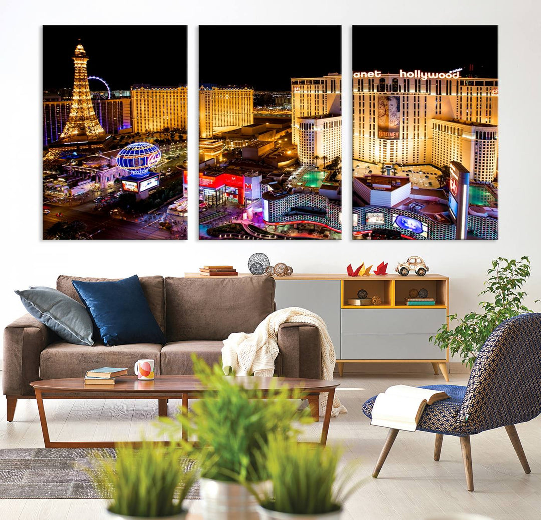 The Las Vegas Wall Art Canvas Print is a triptych set that showcases a stunning night view of Las Vegas. The illuminated buildings and the iconic faux Eiffel Tower add elegance to any space. Each piece comes with a UV-protective coating and is ready to hang, ensuring both style and durability.