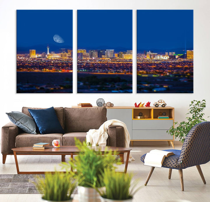 The Las Vegas Wall Art Canvas Print, depicting a city skyline at night, enhances a modern living room with its museum-quality canvas. This triptych comes ready to hang and boasts a UV-protective coating for lasting brilliance.