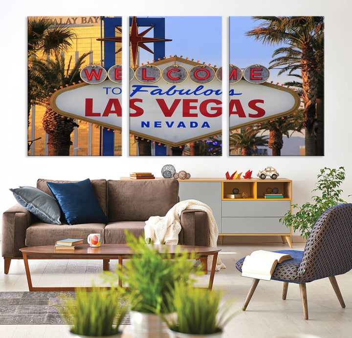 A Las Vegas Wall Art Canvas Print hangs on the wall, showcasing the iconic Welcome to Fabulous Las Vegas, Nevada sign. The museum-quality canvas guarantees vibrant colors with its UV-protective coating and is available with free shipping for added convenience.