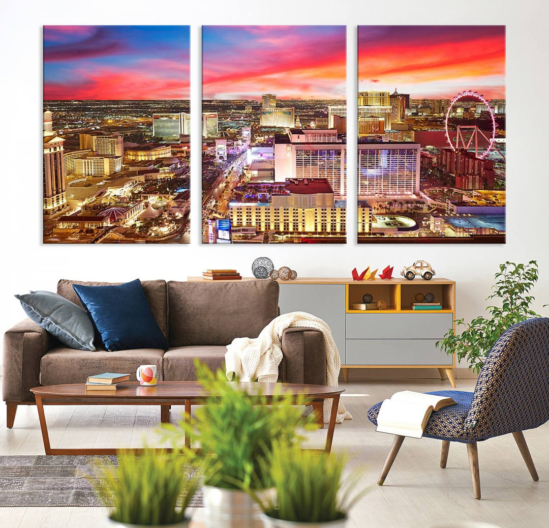 Las Vegas Wall Art Canvas Print depicting a vibrant cityscape at dusk on museum-quality canvas with a UV-protective coating, showcasing a skyline with colorful clouds.