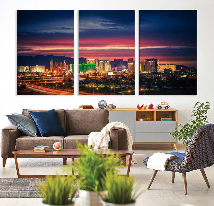 The living room is adorned with the Las Vegas Wall Art Canvas Print, a triptych showcasing a cityscape at sunset. This piece is crafted on museum-quality canvas and protected by a UV-coated finish, highlighting the craftsmanship of a skilled professional.