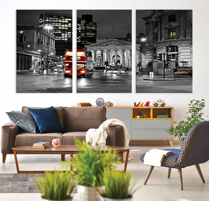 The London Night Red Bus Wall Art Canvas Print features a black and white cityscape with a moving red double-decker bus, crafted on museum-quality canvas with a UV-protective coating. This ready-to-hang artwork is designed to stand out and enhance any space.