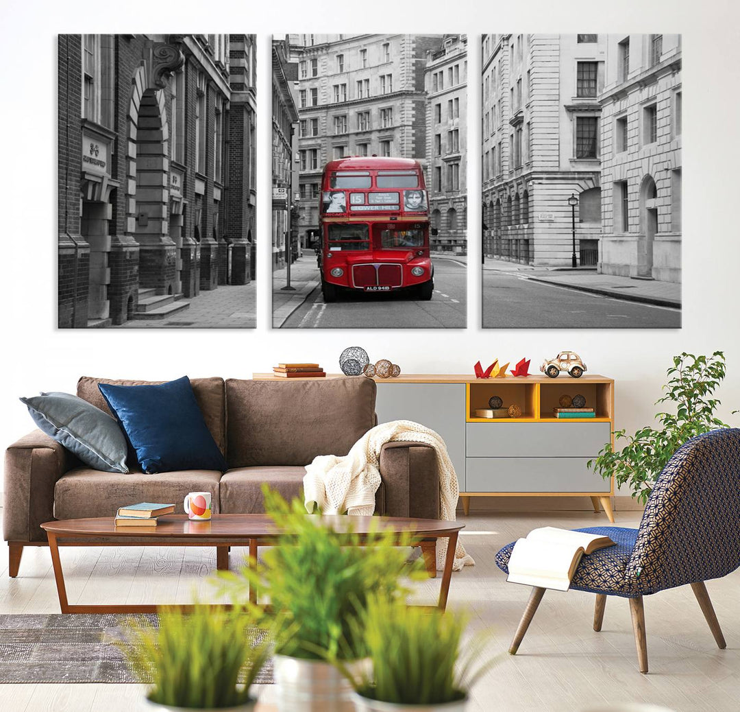 The living room features museum-quality London Red Bus Wall Art, showcasing a split canvas print of a red bus on a black and white city street. This artwork is ready to hang and includes a UV-protective coating to ensure long-lasting vibrance.