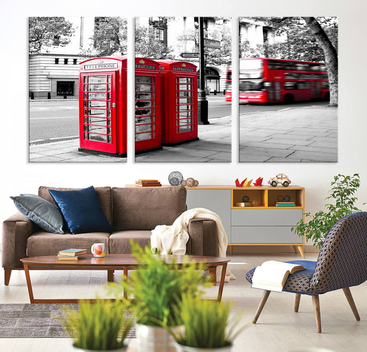 The London Red Bus and Phone Club Wall Art, a vivid night canvas print featuring iconic red buses and phone booths, is elegantly showcased on gallery-wrapped, museum-quality material. With its UV-protective coating, this captivating piece infuses your space with the charm of London.