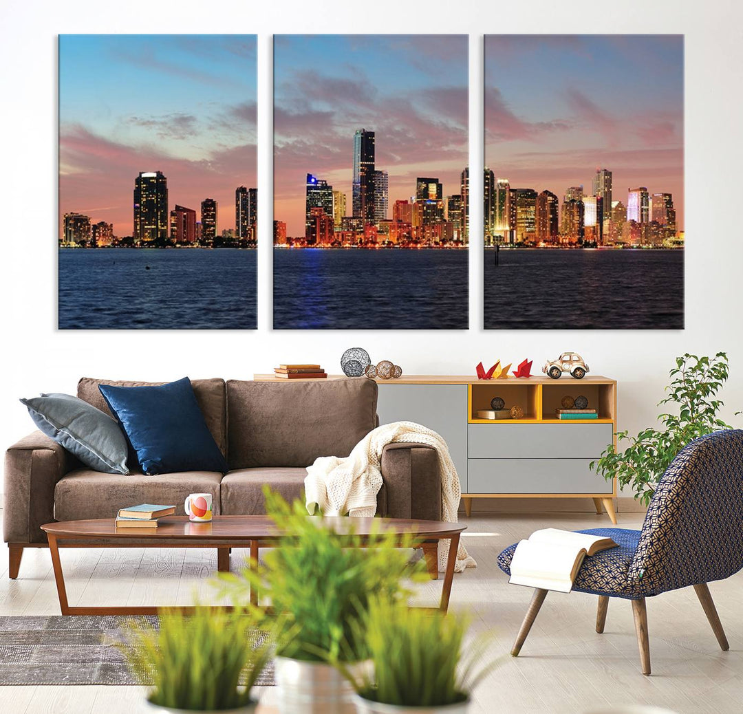 The Wall Art MIAMI Canvas Print emphasizes a vibrant cityscape at sunset. This artwork is presented on museum-quality canvas with gallery-wrapped edges, ensuring it stands out while maintaining its pristine condition for years to come.