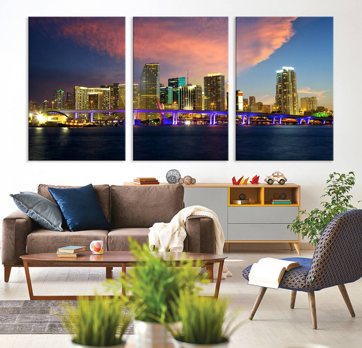 The modern living room is enhanced by the "Miami City Wall Art Canvas Print," a stunning triptych portraying a city skyline at sunset. These canvases are gallery wrapped and made from museum-quality materials, featuring a UV-protective coating to ensure lasting vibrancy.