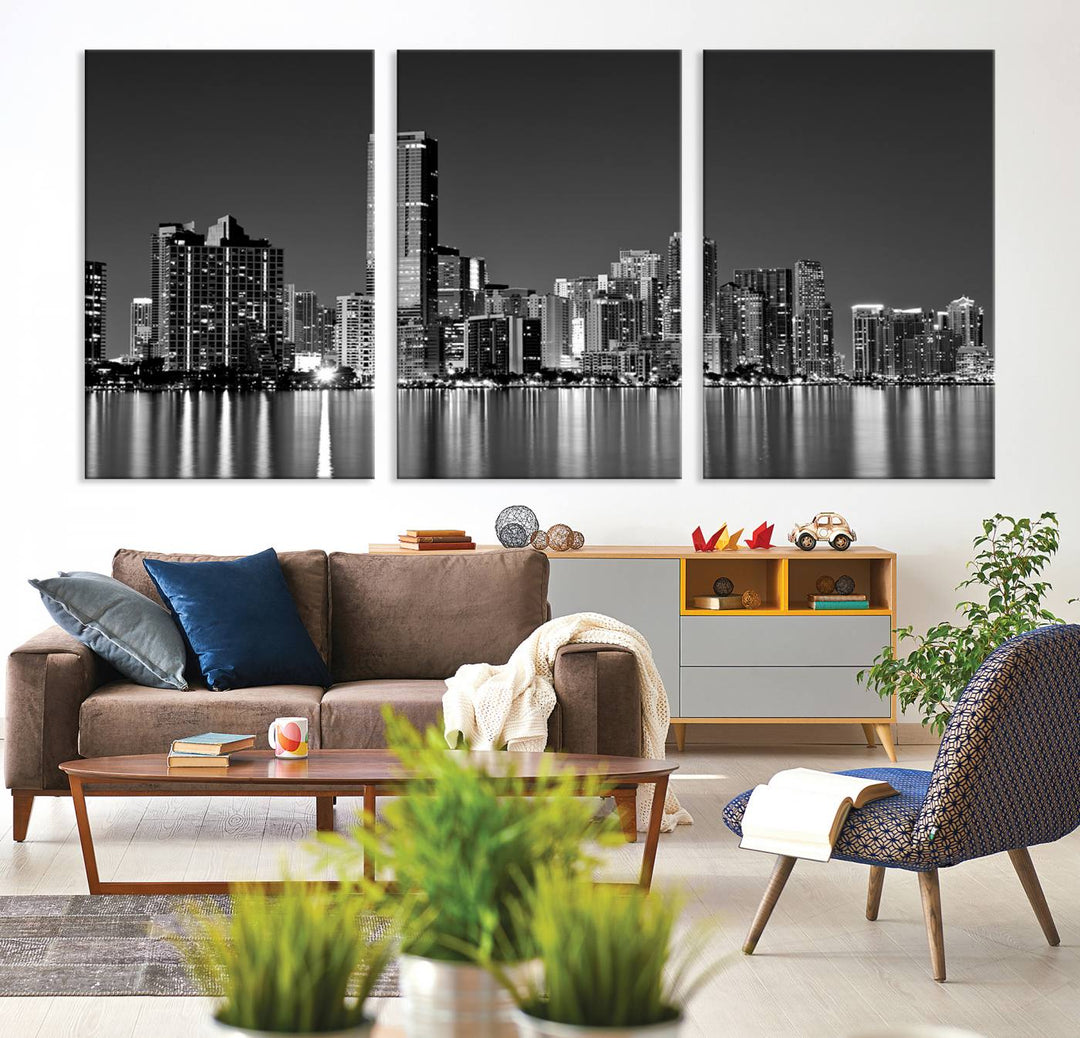 The Miami City Wall Art Canvas Print, a stunning triptych of the Miami skyline, elegantly hangs in this modern living room.