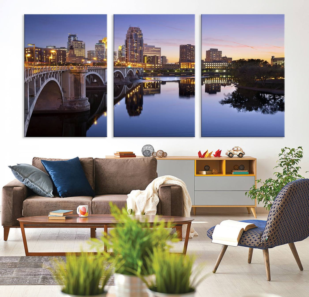 Display the Minneapolis Wall Art Canvas Print, featuring the Minnesota cityscape at dusk, on gallery-wrapped, museum-quality canvas.