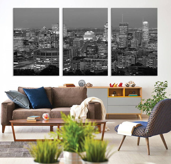 The gallery-wrapped, museum-quality canvas print features the Montreal Canada City Wall Art, showcasing a cityscape at night in black and white.