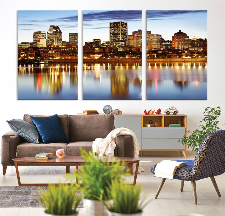 A Montreal Canada City Wall Art Canvas Print, depicting the cityscape at dusk and reflecting in calm waters, is crafted with museum-quality canvases and a UV-protective coating. This remarkable piece guarantees vibrant colors that remain stunning and ready to hang for years to come.