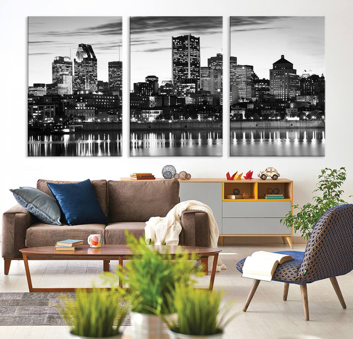 The contemporary living room features the Montreal Canada City Wall Art Canvas Print, an elegantly gallery-wrapped triptych on museum-quality canvas, prominently hung above.