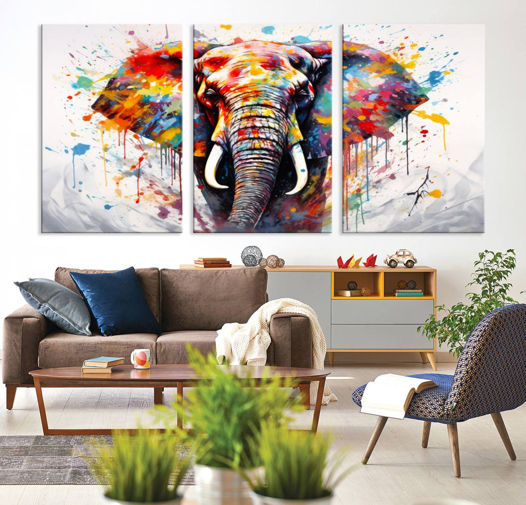 Impresión en lienzo de arte abstracto de pared de elefante de acuarela para decoración moderna del hogar, oficina, sala de estar y comedor