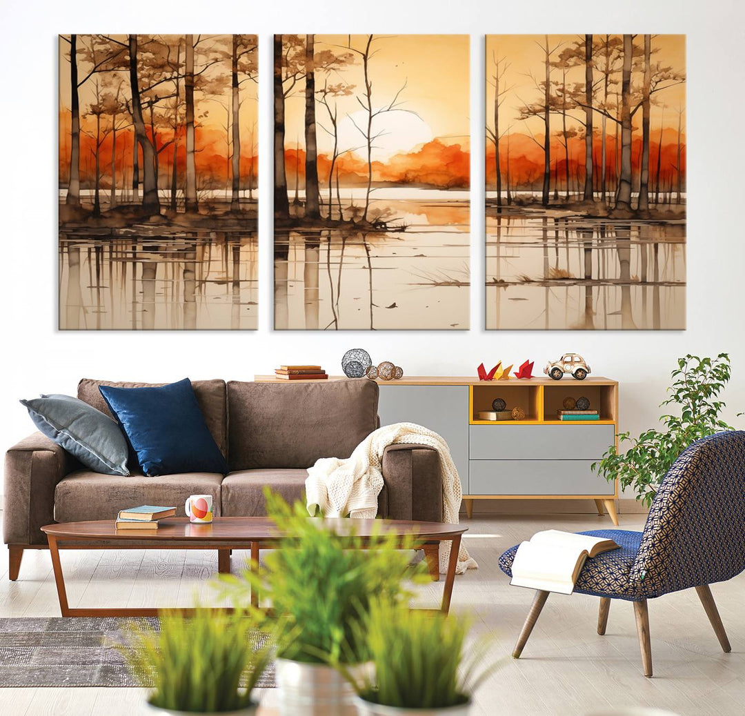 An Abstract Watercolor Trees and Sunset on Lake Wall Art Canvas Print, created on museum-quality canvas.