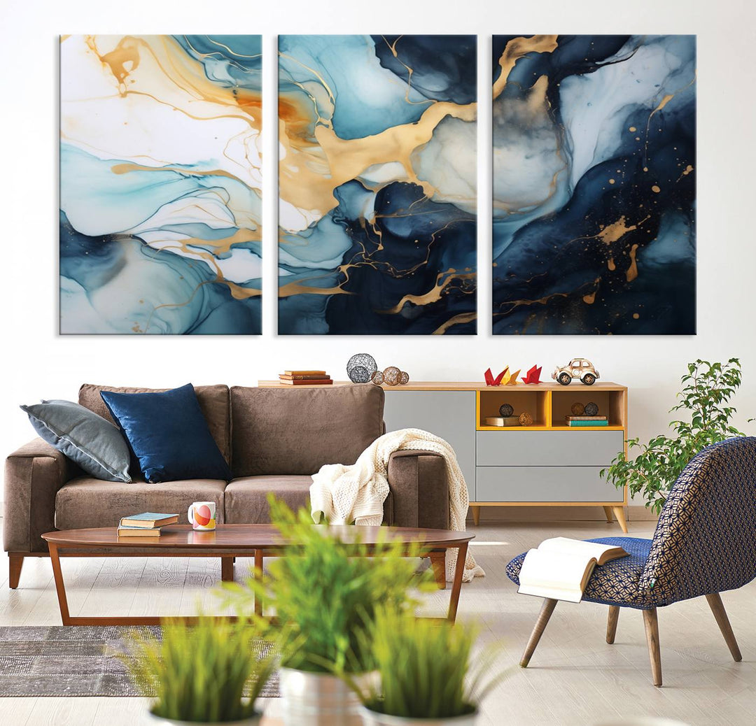 The living room is enhanced by the Marble Fluid Abstract Wall Art Canvas Print, which adds a touch of sophistication.