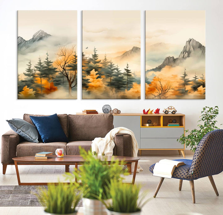 Gallery-wrapped on museum-quality canvas, the Abstract Watercolor Mountains and Trees Autumn painting displays a serene mountain landscape with autumn-colored trees.