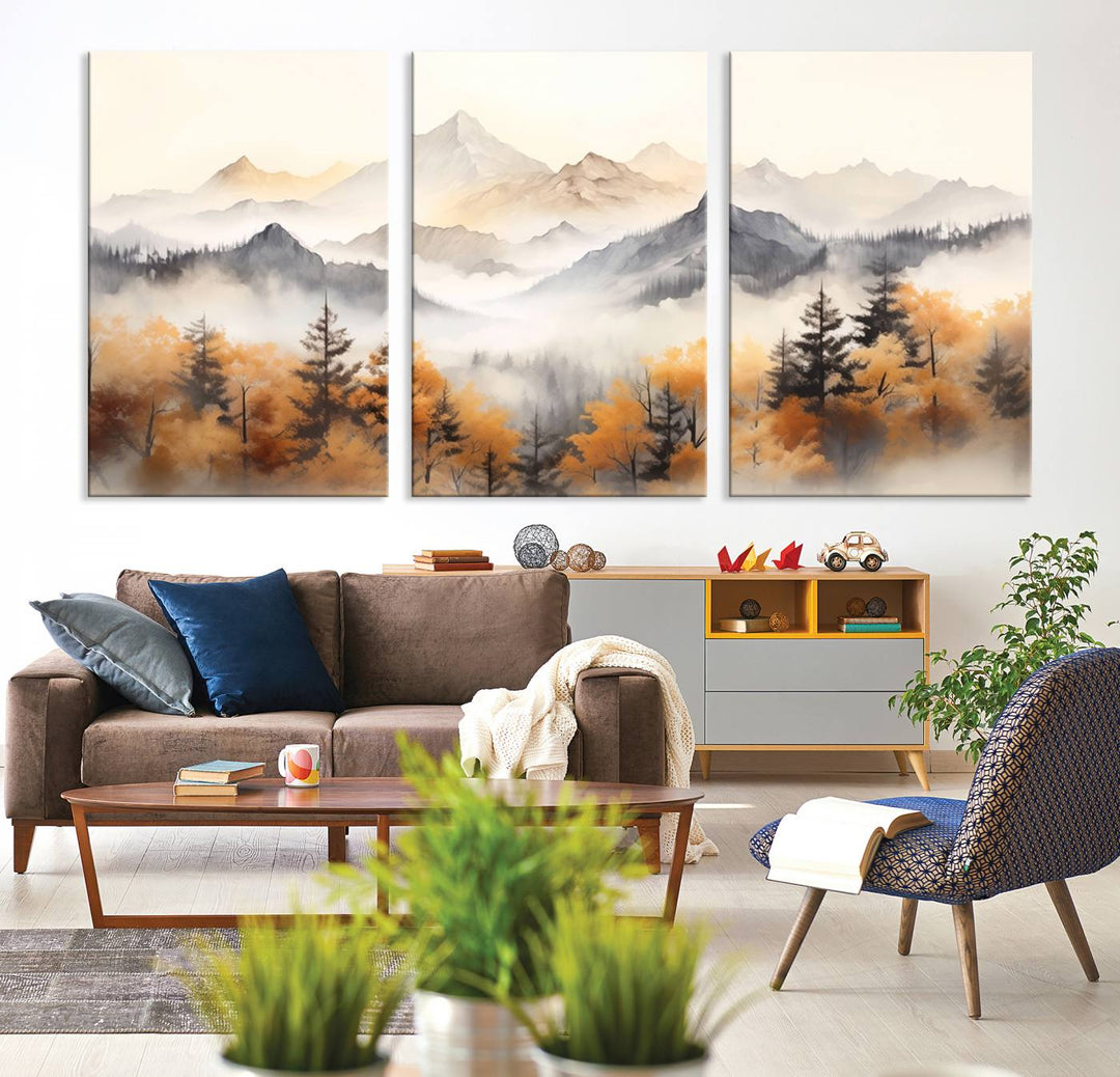 Abstract Watercolor Mountains and Trees Autumn Wall Art