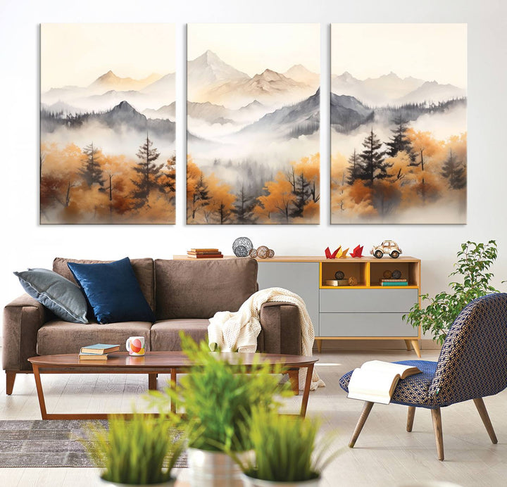 Art mural abstrait aquarelle montagnes et arbres automne