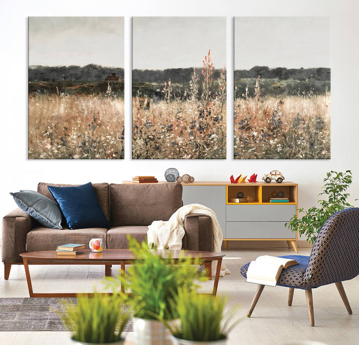 Abstract Wildflower Field Landscape Oil Painting Print, Country Field Wall Art - Framed Ready to Hang