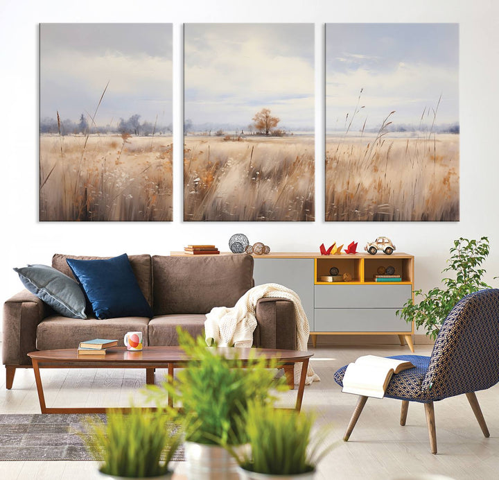 The modern living room features the Golden Fields Canvas Wall Art Print – Serene Landscape of Nature’s Tranquility in Minimalist for Farmhouse Decor, showcasing serene golden fields that enhance the calming ambiance.