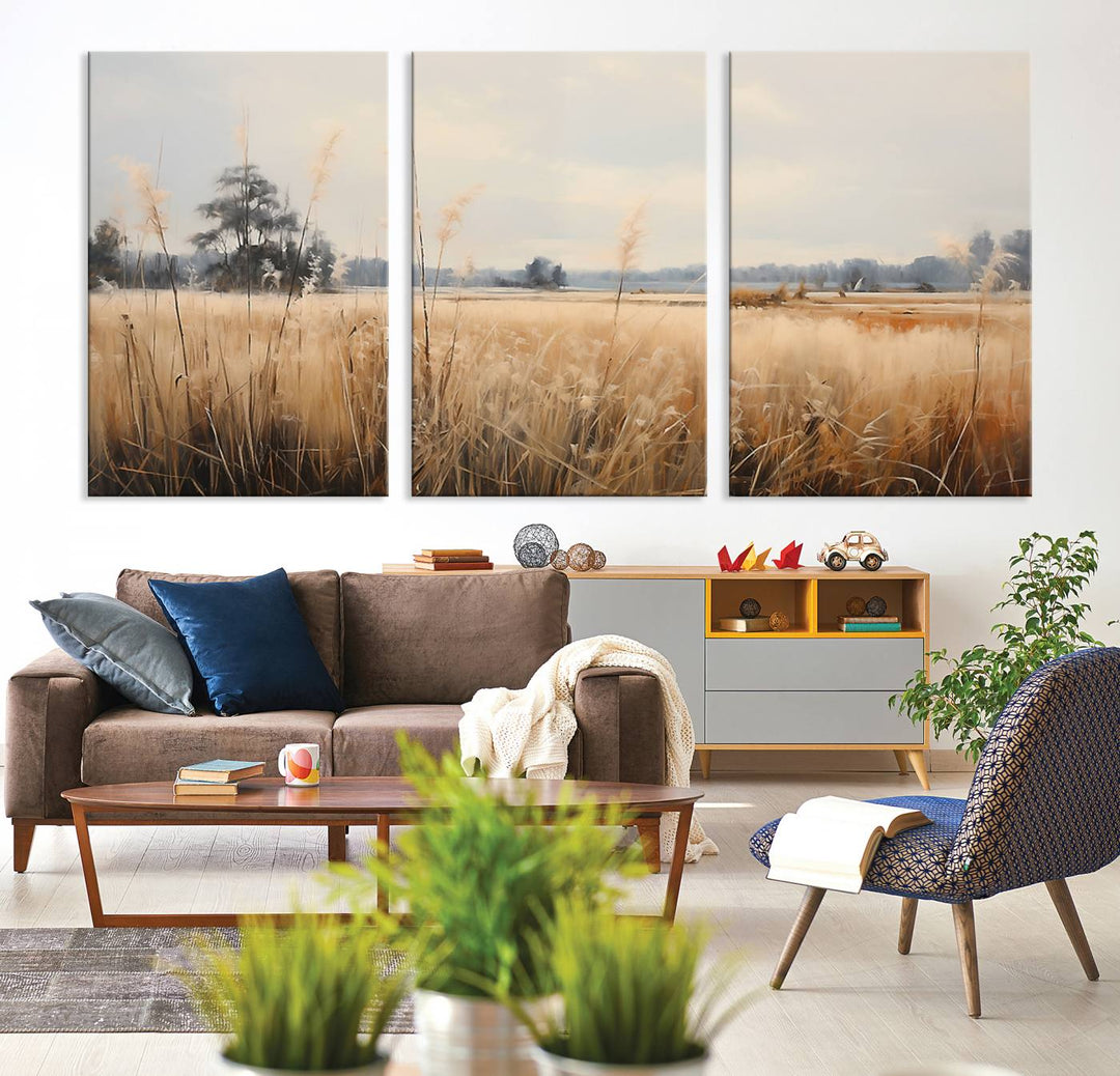 A Wildflower Field Landscape Oil Painting, showcasing a vintage art print of a serene field with tall grasses and distant trees, is beautifully presented on museum-quality canvases with gallery-wrapped edges.