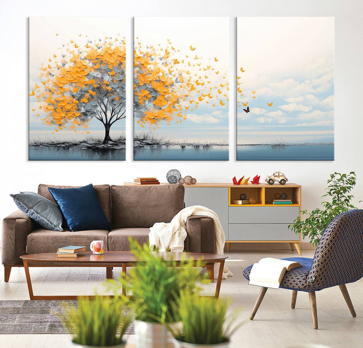 A Butterfly Tree Wall Art Canvas, featuring a modern tree adorned with yellow butterflies, decorates the wall.