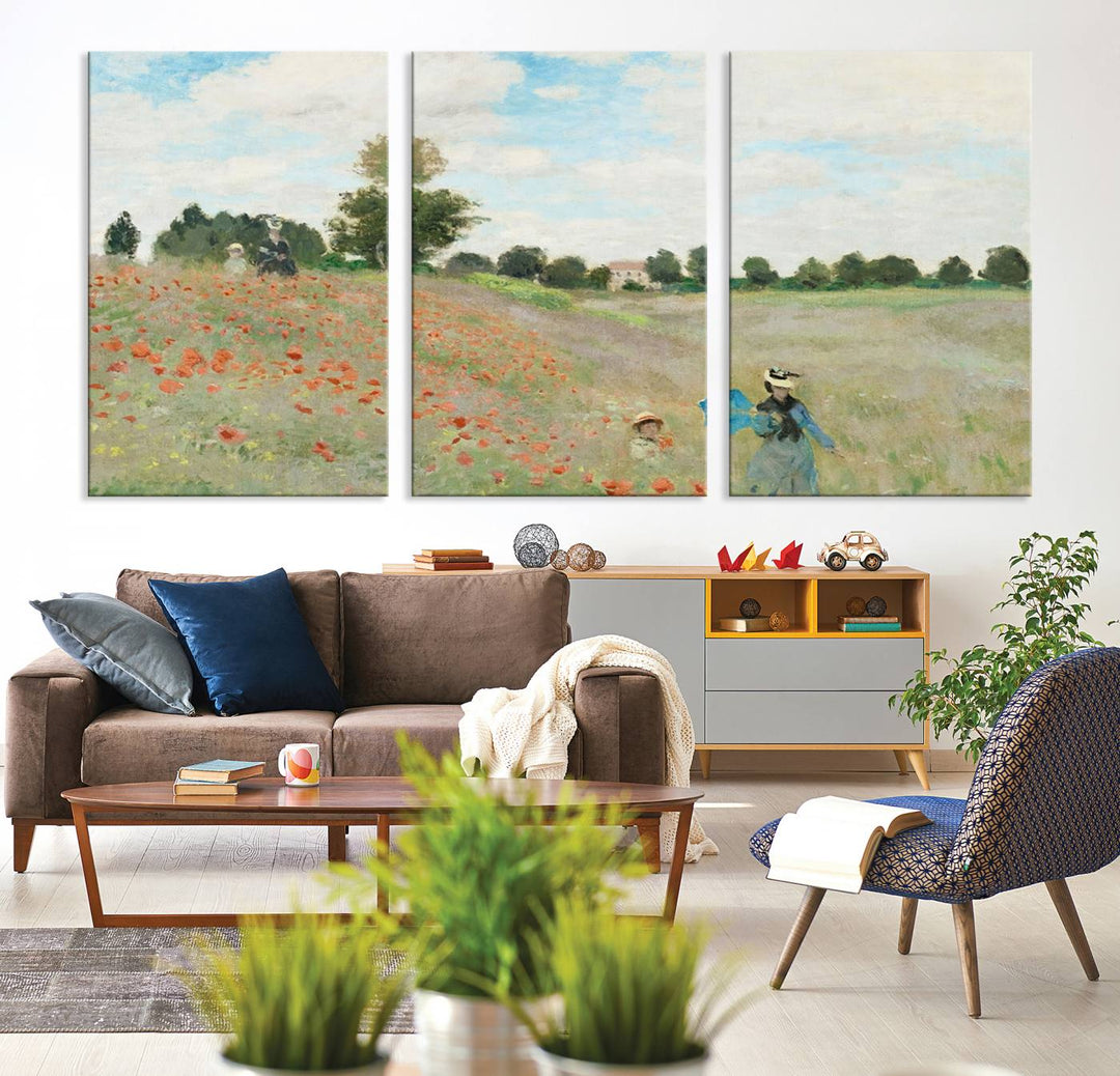 The Claude Monet The Poppy Field Canvas Print features a scene of a serene meadow with blooming flowers and a woman and child. It is printed on museum-quality canvas with UV-protective coating.