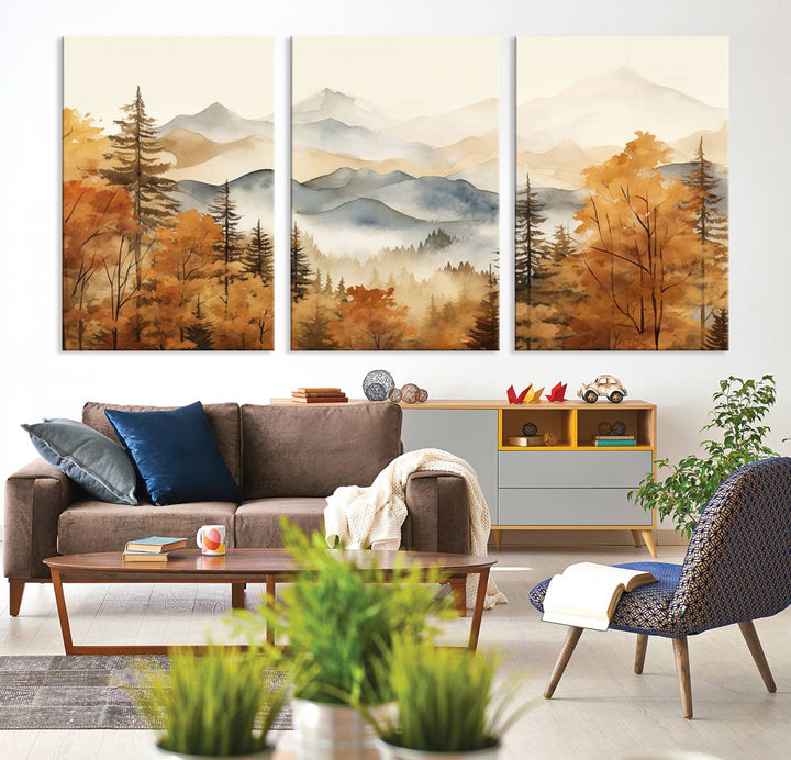 Abstract Mountain Mist Canvas Wall Art – Tranquil Autumn Forest and Misty Peaks - Ready to Hang