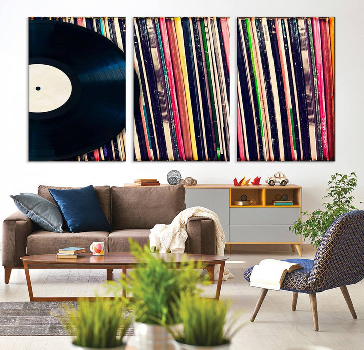 The room showcases the "Vinyl Record and Album Collection Canvas Wall Art," a perfect retro music decor piece for vintage vinyl lovers.