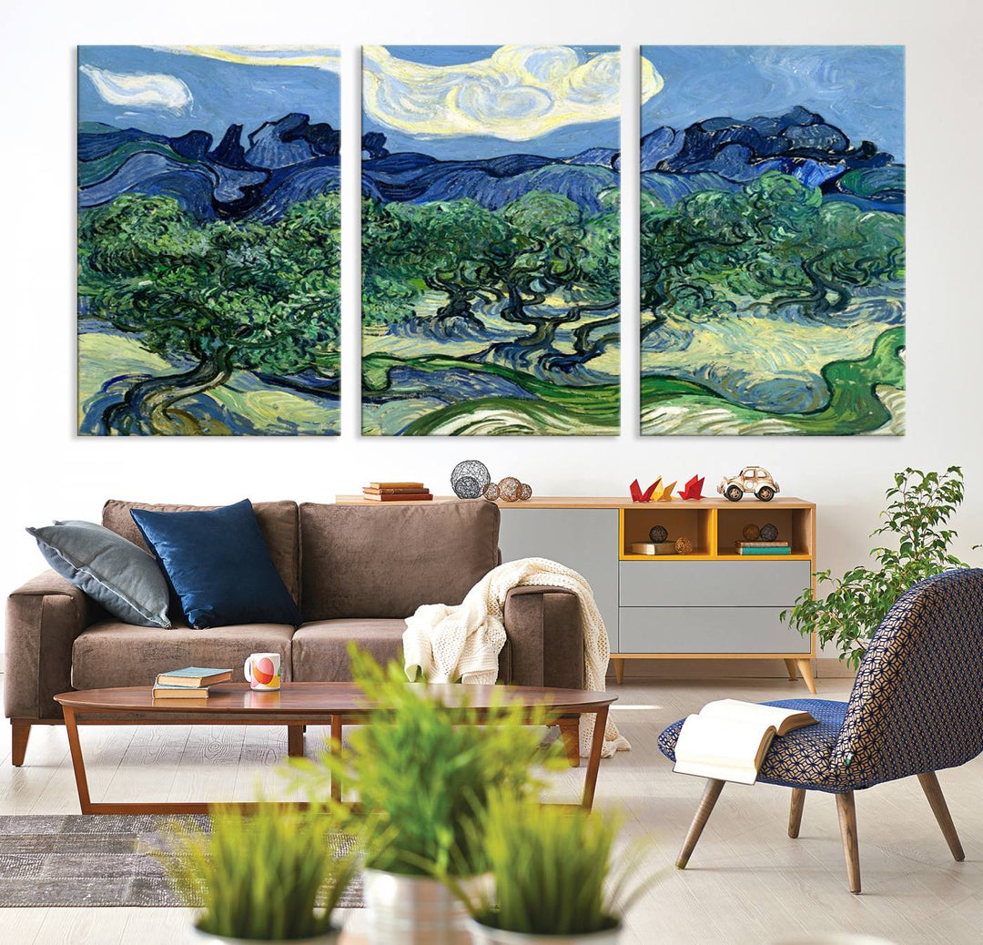 The Olive Trees Van Gogh Wall Art Canvas Print enhances the living room with its vivid landscape on museum-quality canvas, complete with a UV-protective coating.