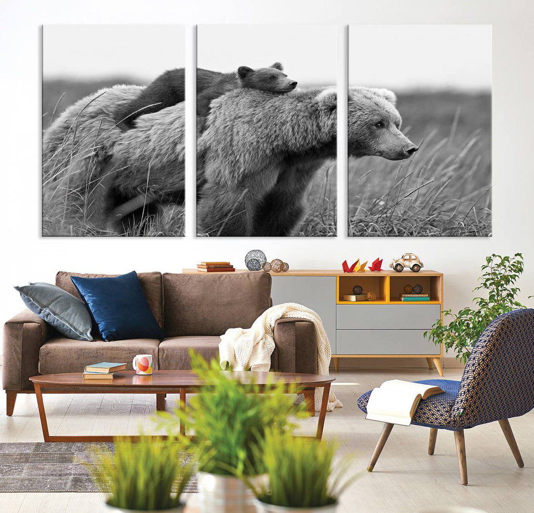 Baby Bear and Mom Bear Family Black & White Canvas Print Wall Art Canvas