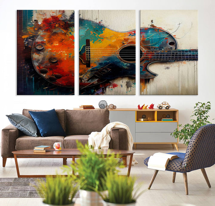 Abstract Guitar Wall Art Canvas | Vibrant Music-Inspired Art for Living Room or Studio | Colorful Music Decor Canvas Print