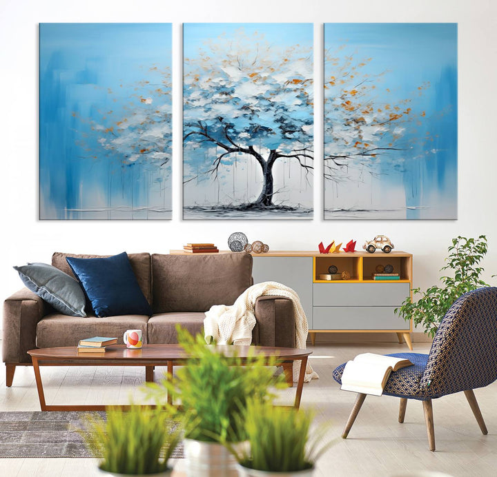 Modern living room featuring the Large Blue Abstract Tree Wall Art Canvas Printing. Enjoy the elegance with free shipping.