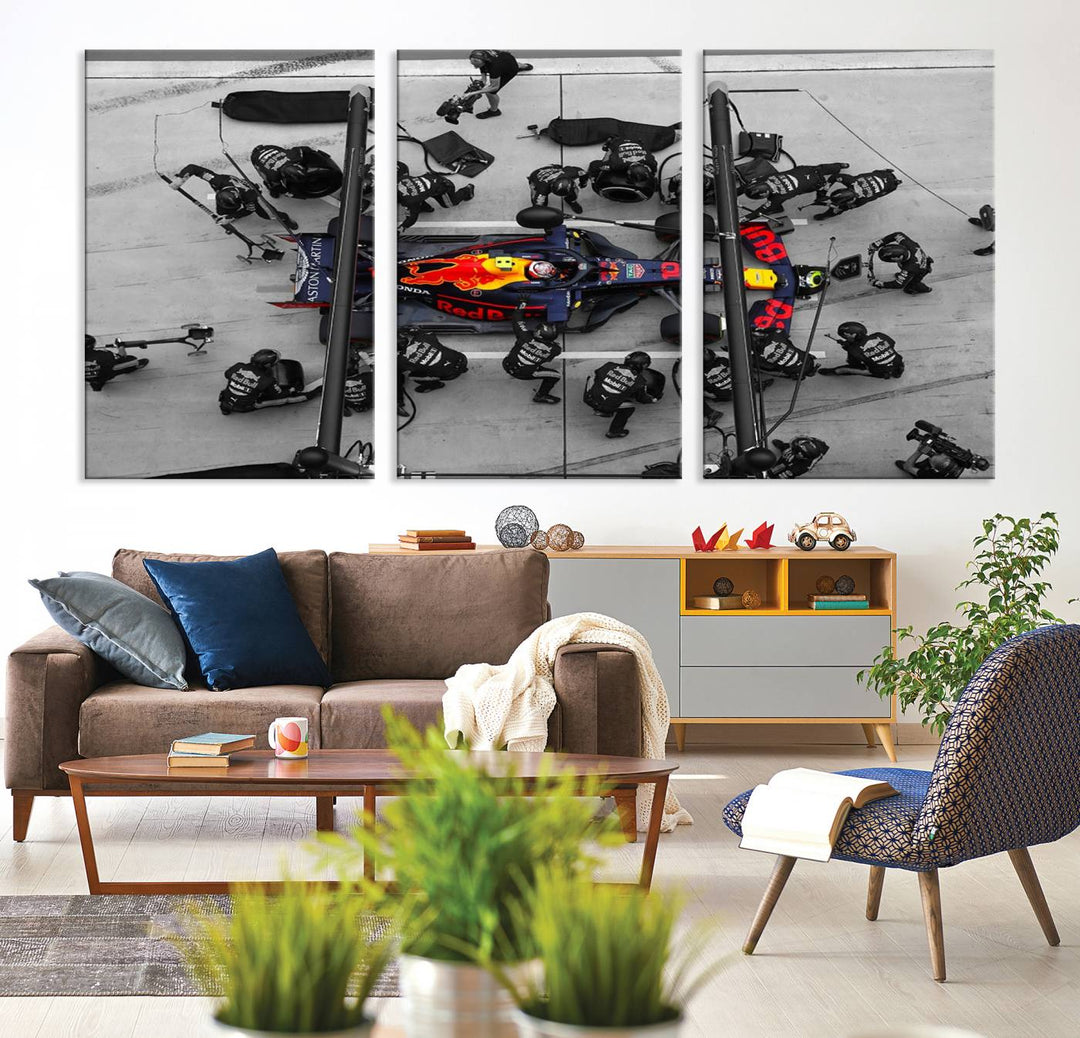 The RedBull Formula 1 Canvas Wall Art Print, a set of three gallery-quality pieces, elegantly adorns the wall.