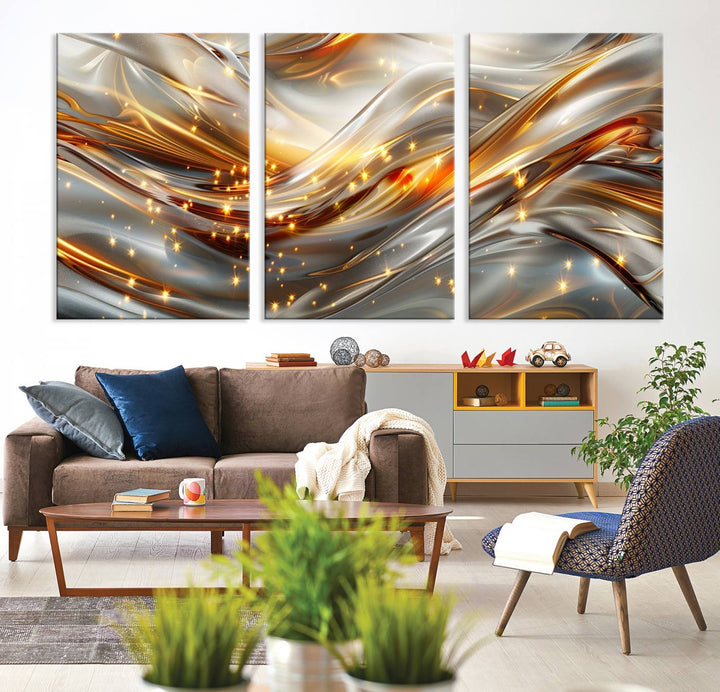 The Elegant Modern Gold Abstract Wall Art - Premium Framed Canvas Print for Home & Office Decor showcases a captivating triptych with swirling metallic designs and golden sparkles, perfectly enhancing contemporary interiors.