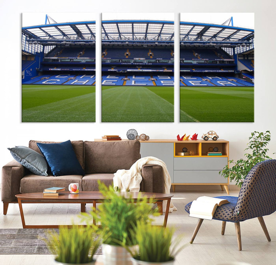 The Chelsea FC Soccer Team Print - Stamford Bridge Stadium Wall Art Canvas Print hangs elegantly, bringing the thrill of the game into your living room.