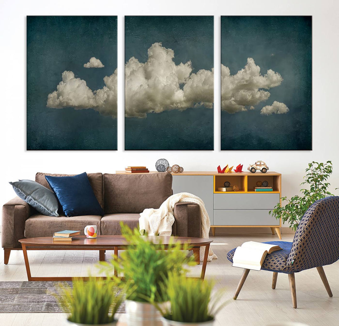 The Vintage Green Clouds Wall Art Canvas Print, set against a teal backdrop, showcases breathtaking canvas artwork with a gallery-quality finish.