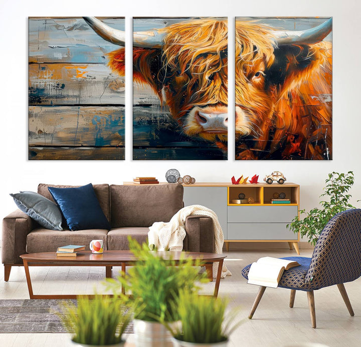 The Highland Cow Abstract Canvas Wall Art, a bold piece of farmhouse rustic decor, adds charm to the modern living room.